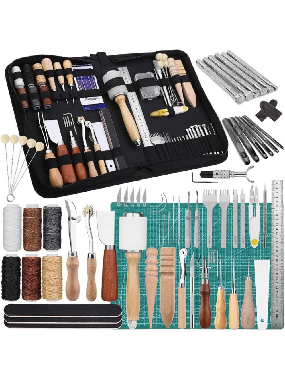 60-Piece Leather Craft Tool Set with Storage Bag, Cutting Mat & DIY Supplies
